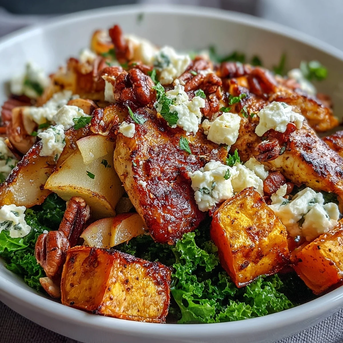 A warm autumn dinner bowl featuring roasted sweet potatoes, creamy goat cheese, and toasted almonds.  
