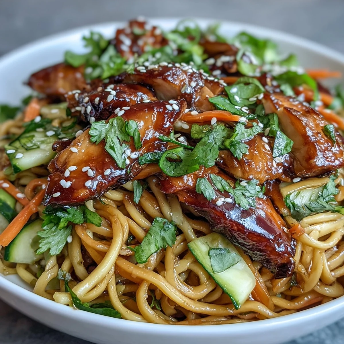 Fork-tender chicken and crisp veggies in a savory-sweet sauce top this Asian Chicken Noodle Bowl garnished with sesame seeds and lime.