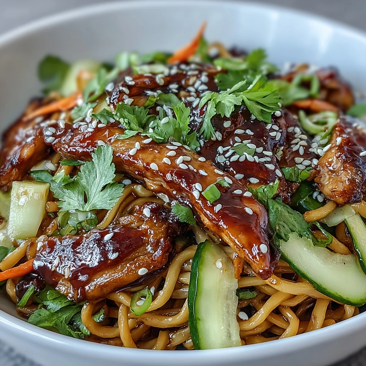 Steaming Asian Chicken Noodle Bowl plated with julienned carrots and cucumbers, drizzled with a savory-sweet sauce and a squeeze of lime.