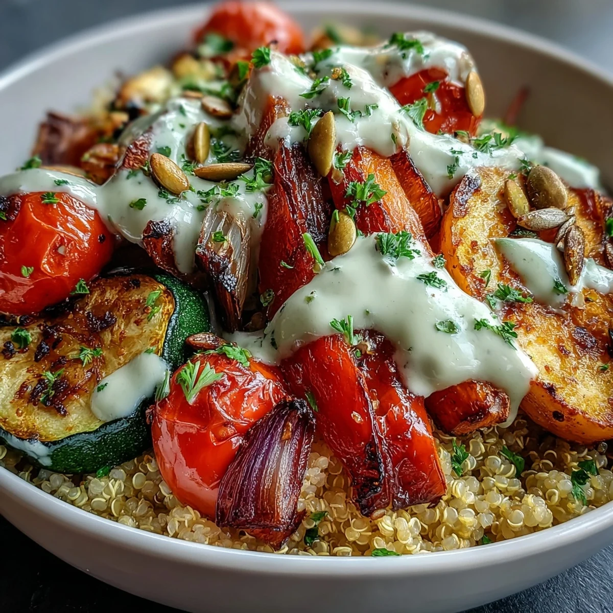 A vibrant Roasted Vegetable Quinoa Bowl with sheet pan vegetables, fluffy quinoa, and creamy tahini sauce.  