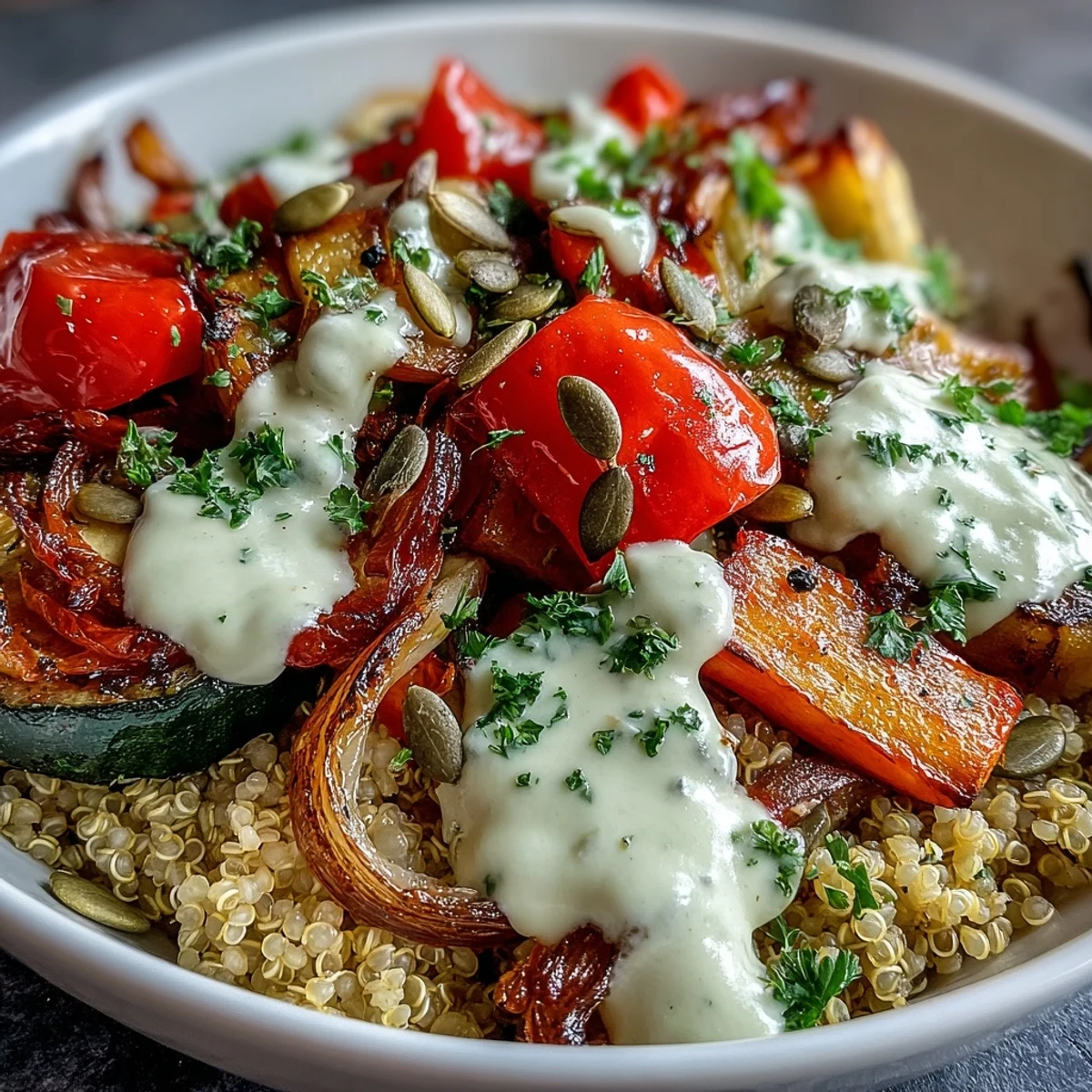 Colorful roasted veggies and fluffy quinoa in this nourishing Roasted Vegetable Quinoa Bowl, topped with a lemony tahini drizzle.  