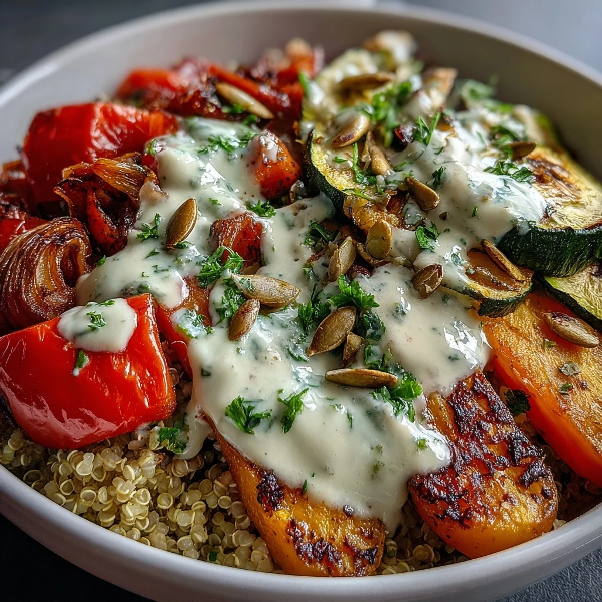 Savory Roasted Vegetable Quinoa Bowl with caramelized vegetables, tender quinoa, and a smooth tahini sauce, garnished with parsley.