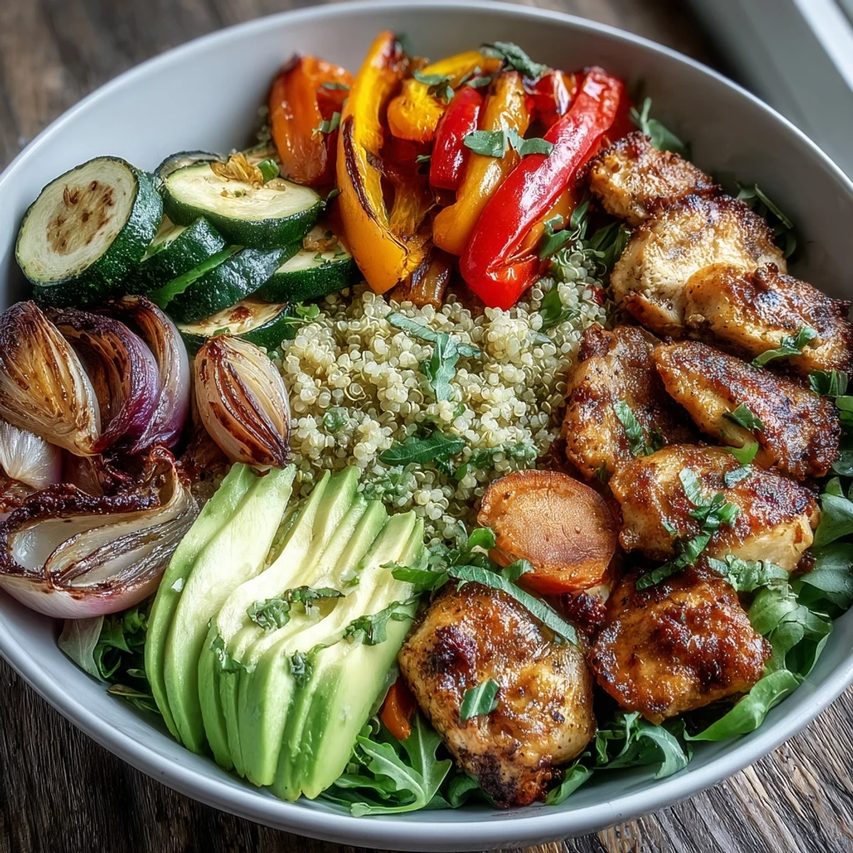 Golden-brown paprika roasted vegetables nestled atop fluffy quinoa, garnished with sliced avocado and fresh parsley in a nourishing bowl.
