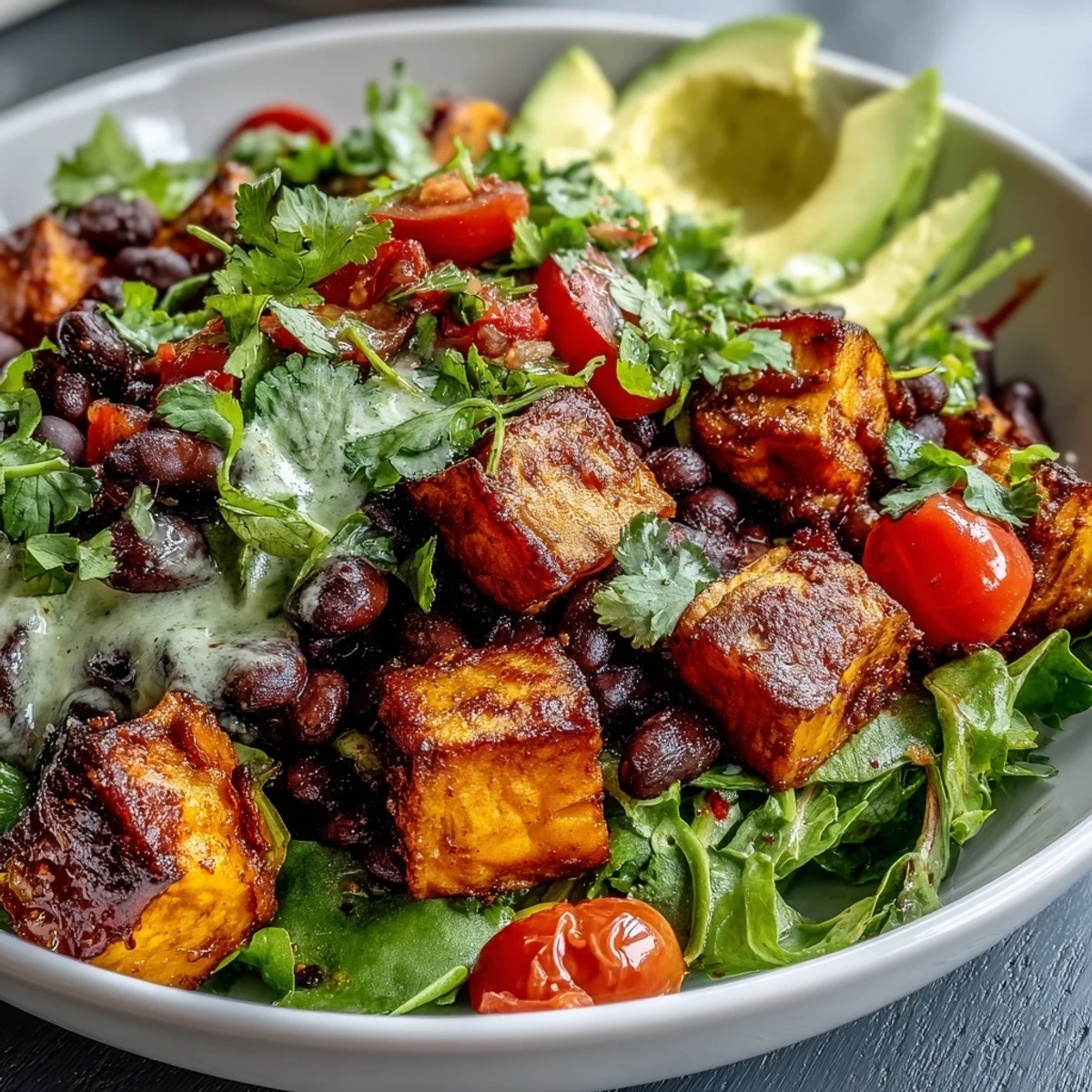 Hearty vegetarian Sweet Potato and Black Bean Bowl with mixed greens, cherry tomatoes, and a drizzle of lime dressing.