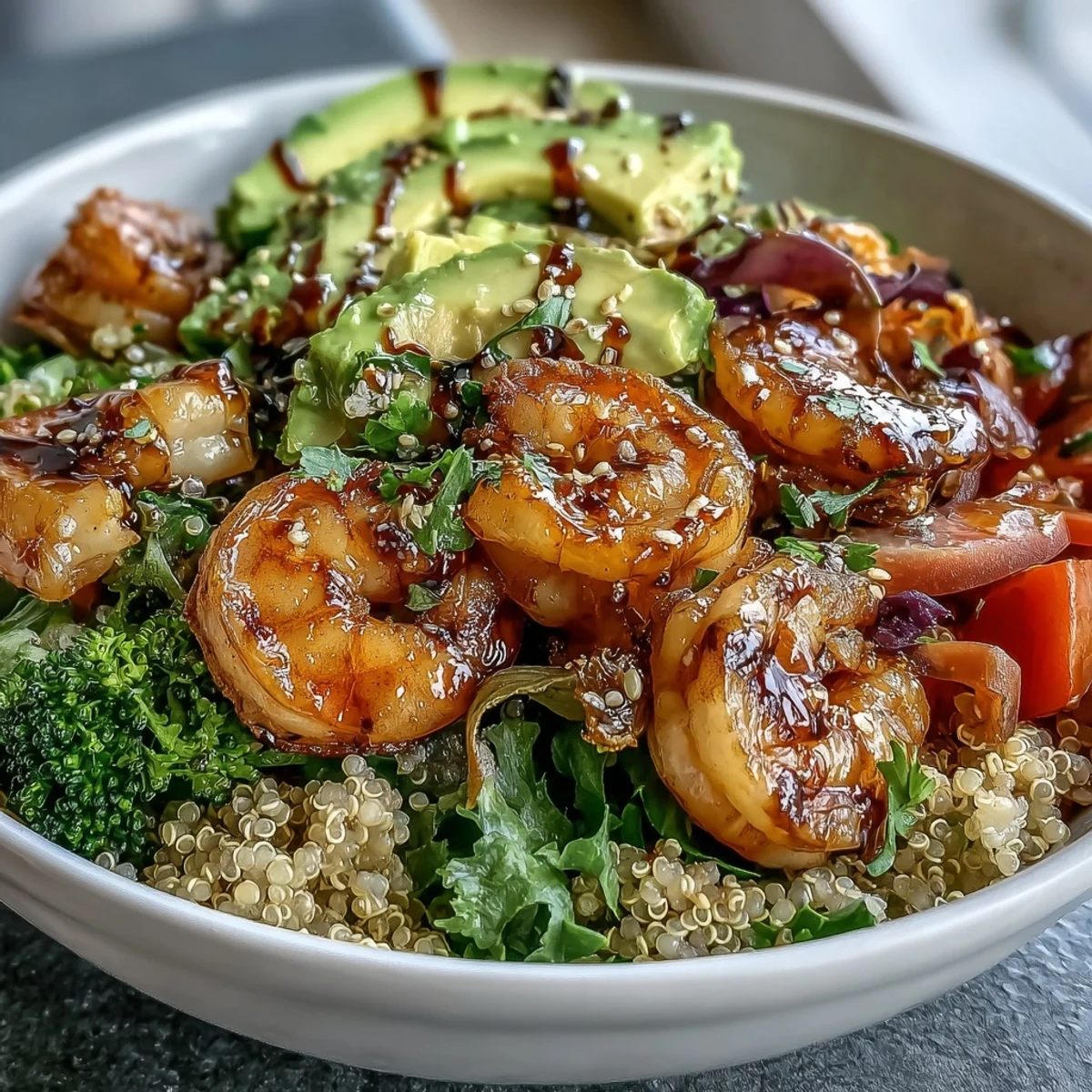 Vibrant Rainbow Vegetable Detox Bowl topped with juicy sautéed shrimp, creamy avocado slices, and fluffy quinoa, drizzled with tangy balsamic dressing.