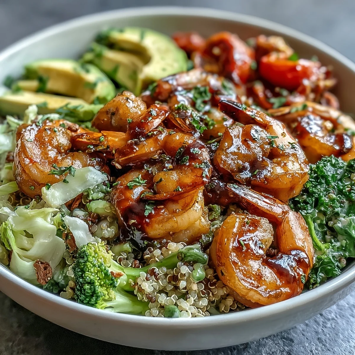Savory Rainbow Vegetable Detox Bowl with warm quinoa, succulent pink shrimp, and bright vegetables, ready to serve as a refreshing main dish.