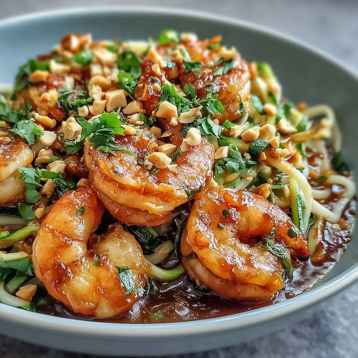 Serving of savory Asian Noodle Bowl with sautéed shrimp, julienned vegetables, and rice noodles topped with chopped peanuts and cilantro.