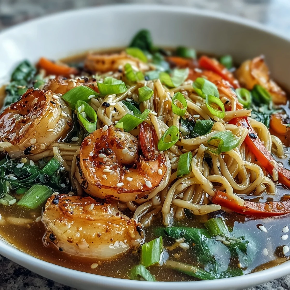 Close-up of Asian Noodle Bowl with Shrimp and Scallops, tender seafood nestled among crisp veggies and glistening broth.
