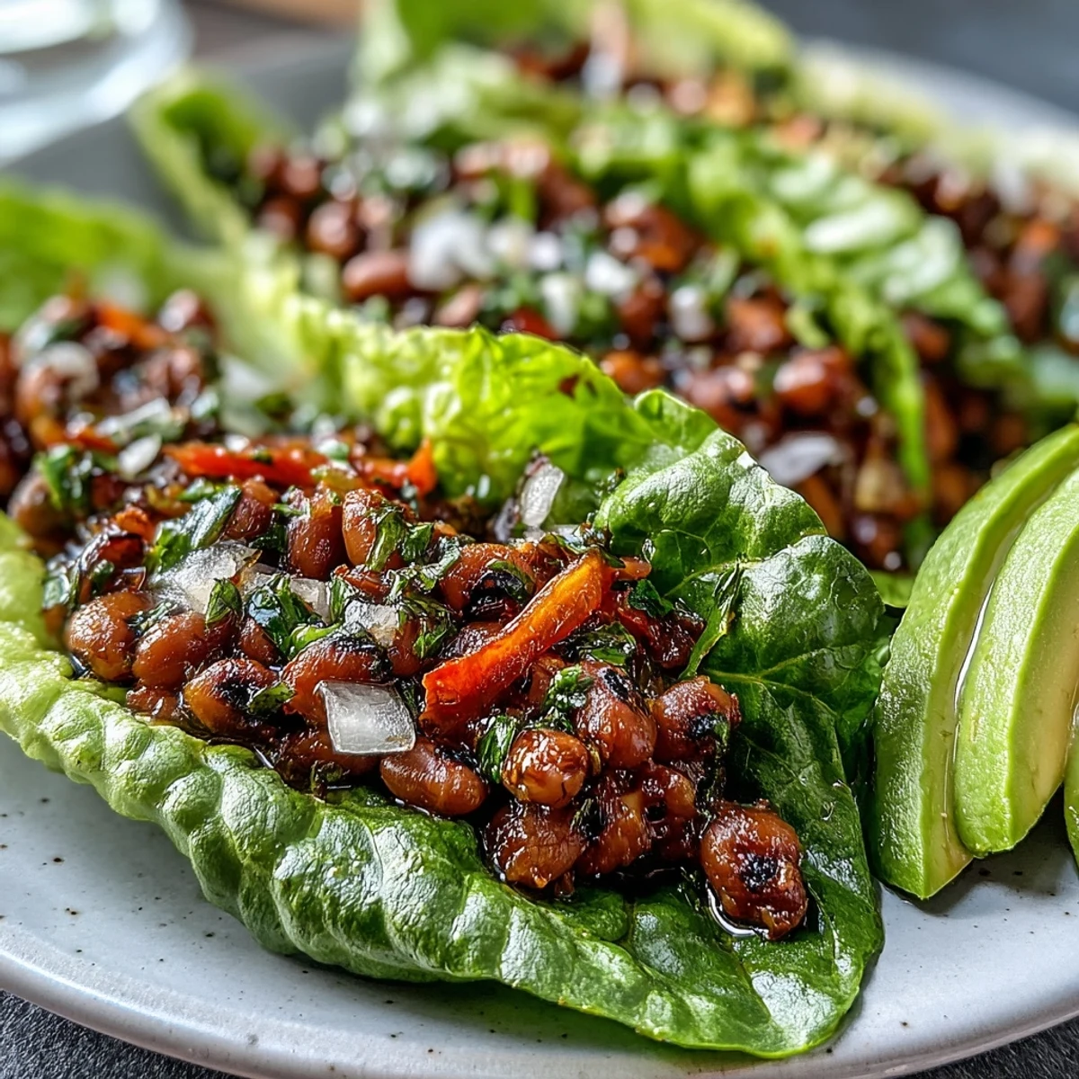 Freshly prepared Black-Eyed Pea Lettuce Wraps filled with seasoned peas, diced vegetables, and herbs served on crisp green leaves.
