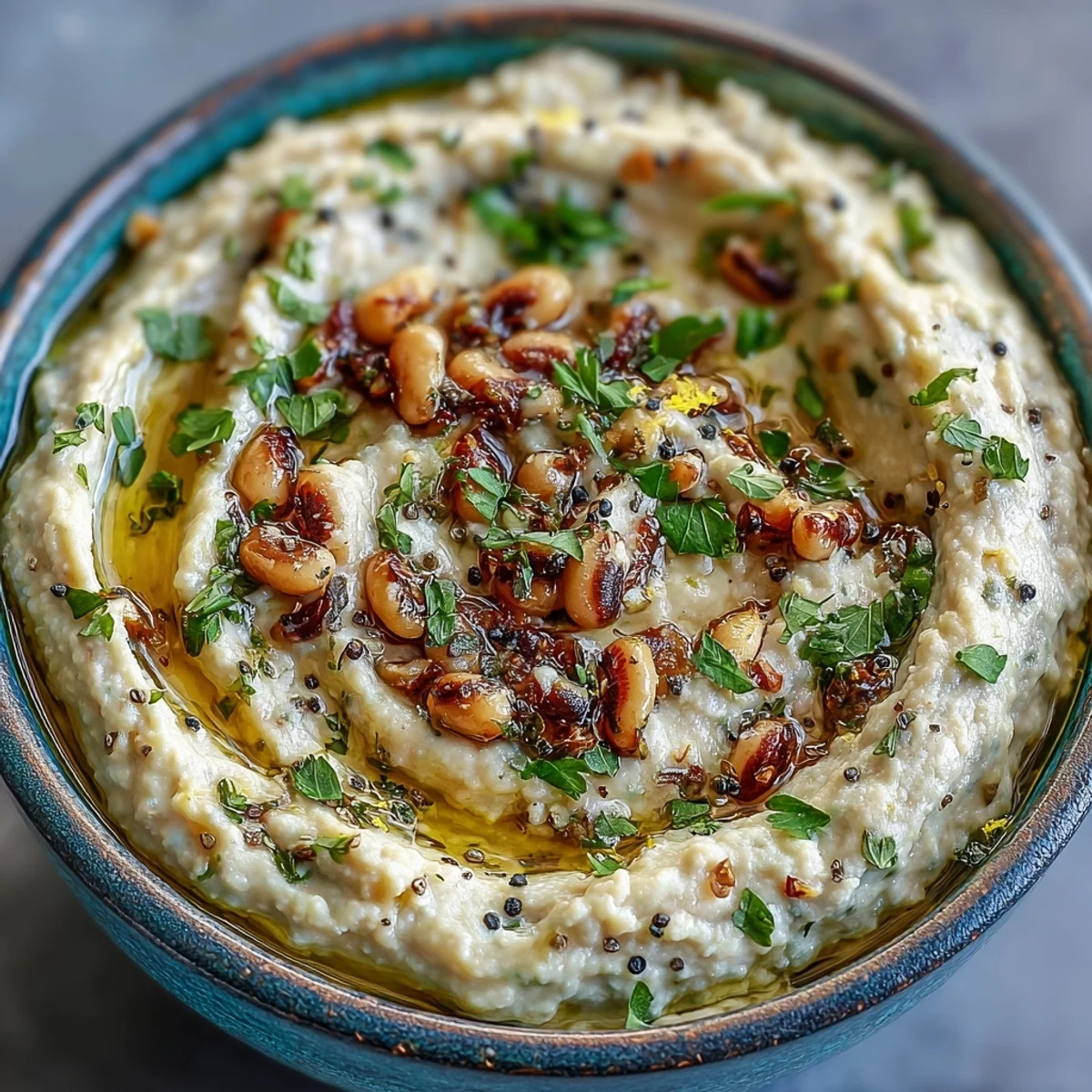 Golden-brown Smashed Black-Eyed Peas, garnished with fresh parsley and a drizzle of olive oil.