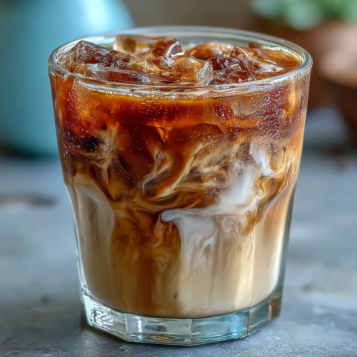 Tall glass of Iced Hojicha Latte layered with milk and roasted green tea over ice cubes.