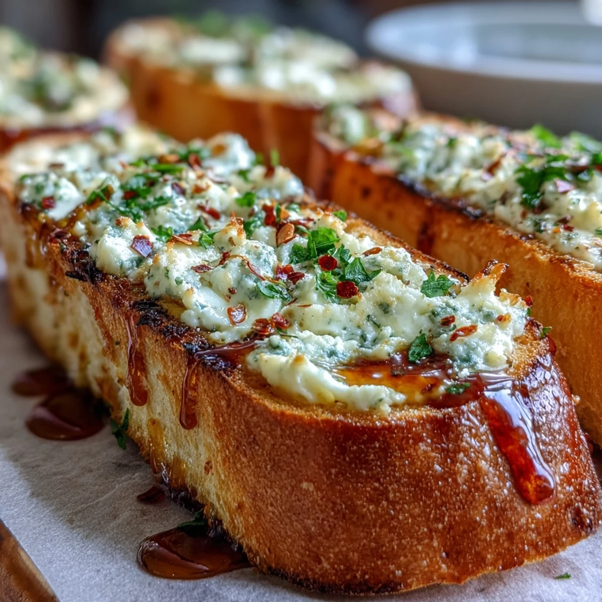 Freshly baked Hot Honey Ricotta Garlic Bread on a rustic wooden board, featuring melted ricotta, parsley flecks, and a vibrant red pepper finish.