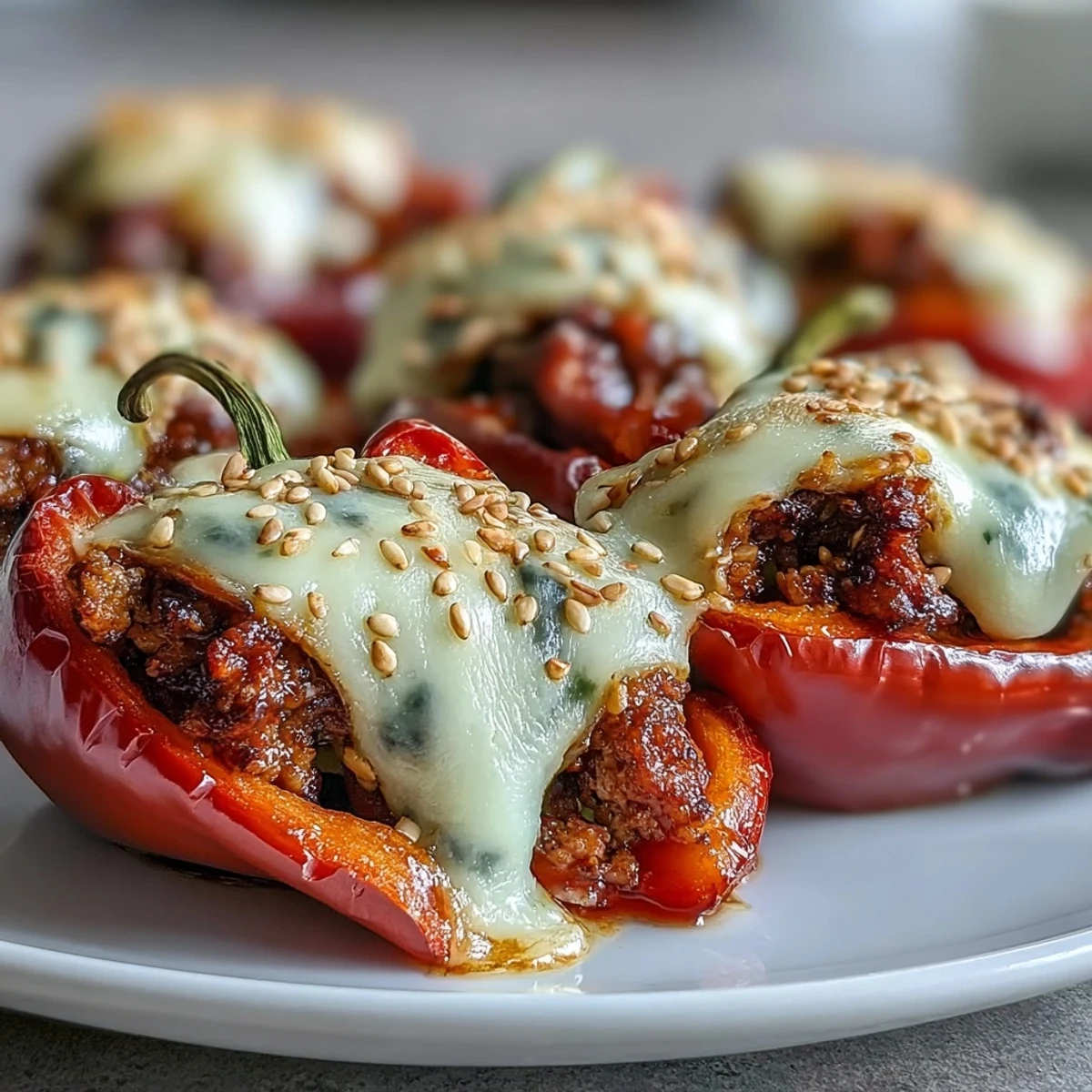 Golden, bubbly cheese covers savory Korean-Style Turkey Stuffed Sweet Peppers on a rustic wooden serving board.