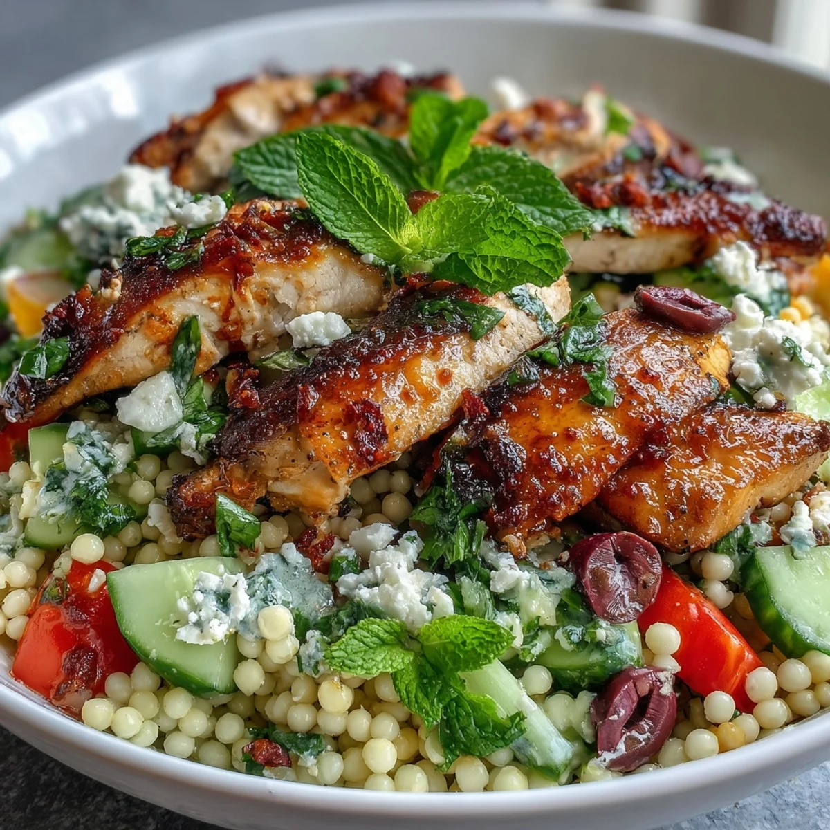 Freshly grilled lemon-feta chicken strips are layered over a vibrant Mediterranean pearl couscous chicken bowls salad with herbs.