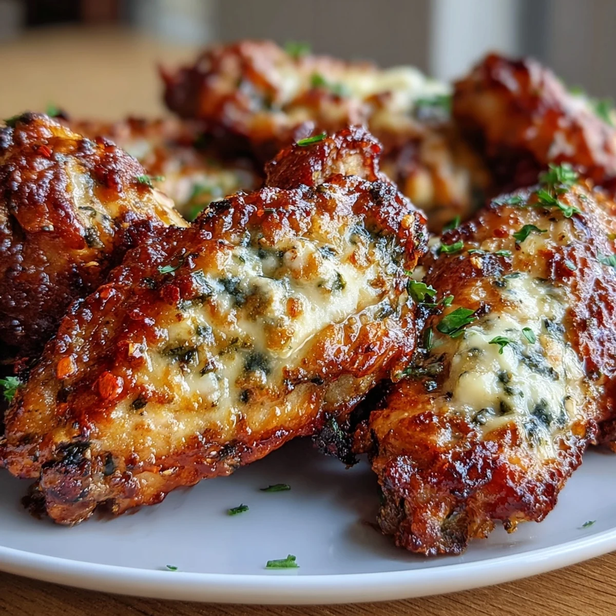 Crispy keto garlic Parmesan chicken wings, served hot and sprinkled with extra cheese for a bold, flavorful bite.