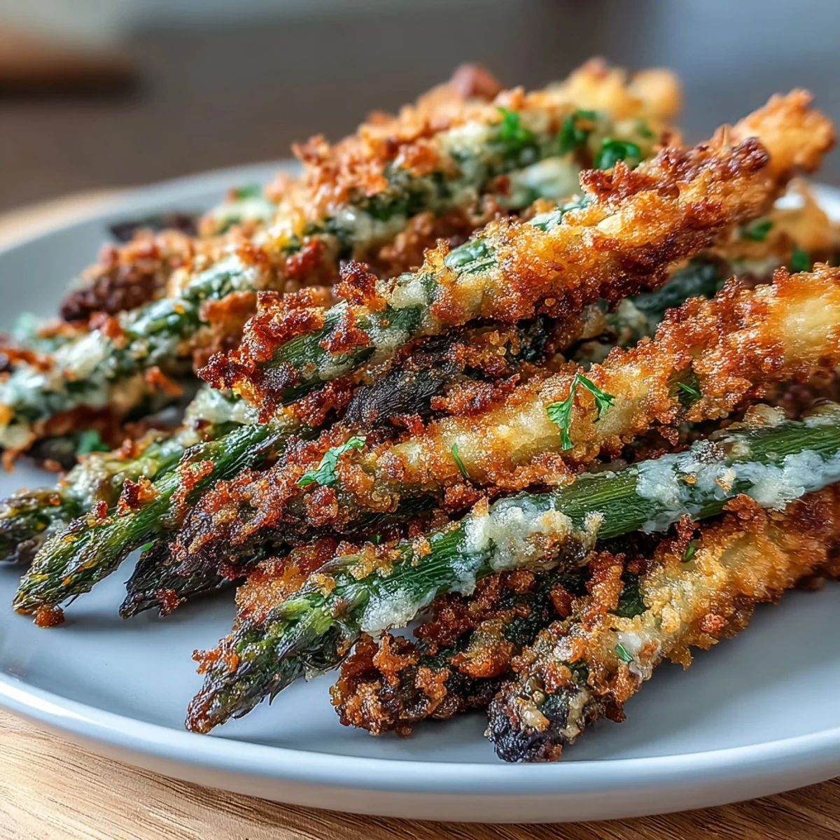 Crispy Chili-Garlic Asparagus Fries baked to golden perfection with a spicy breadcrumb coating and served with zesty sriracha mayo dip.