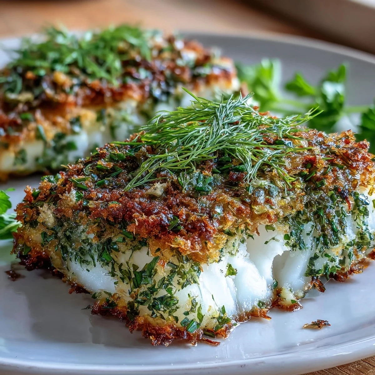Fresh cod fillets topped with a vibrant herb crust, baked alongside colorful roasted vegetables.  