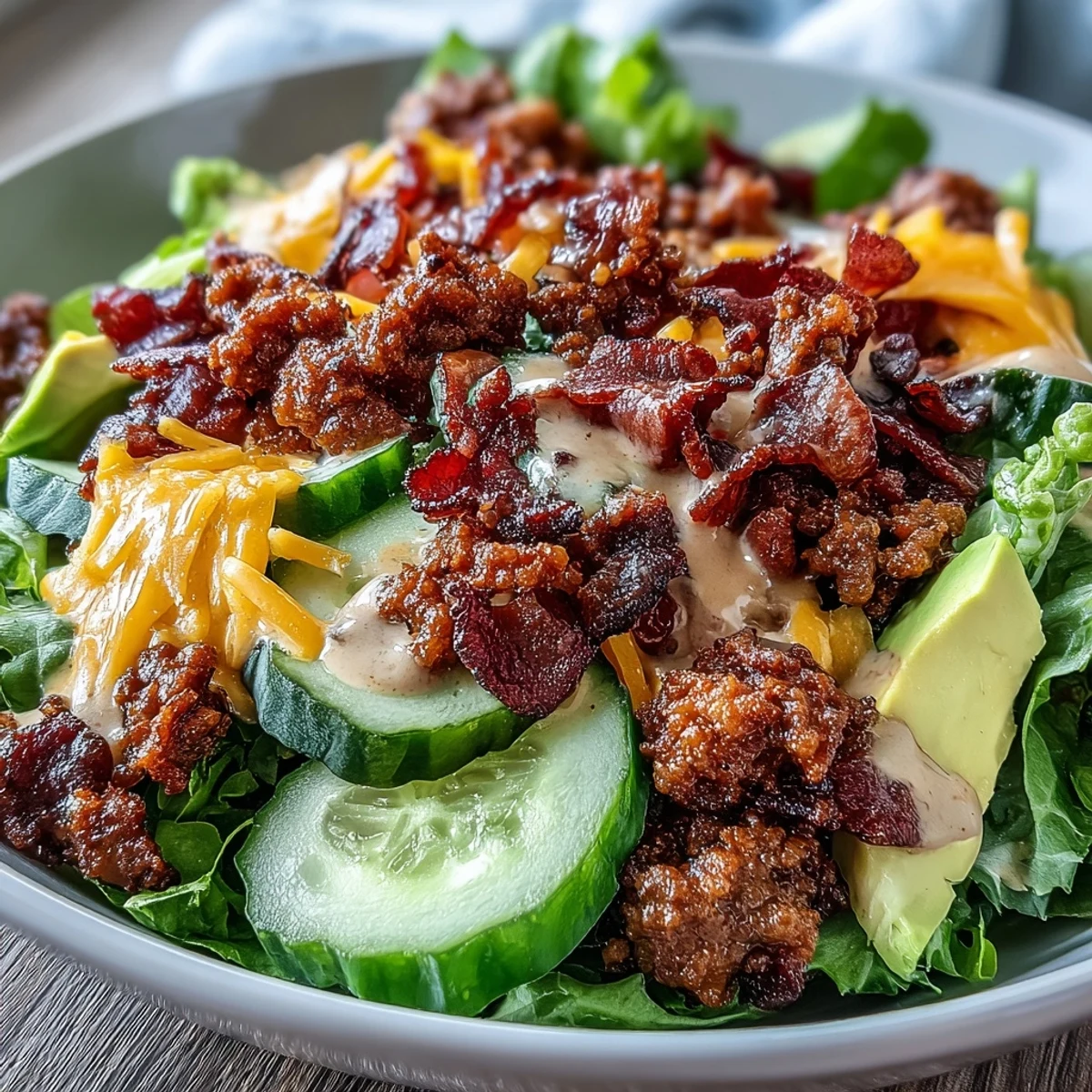 A vibrant keto bacon cheeseburger salad with avocado, pickles, and melted cheddar, drizzled with creamy burger sauce.