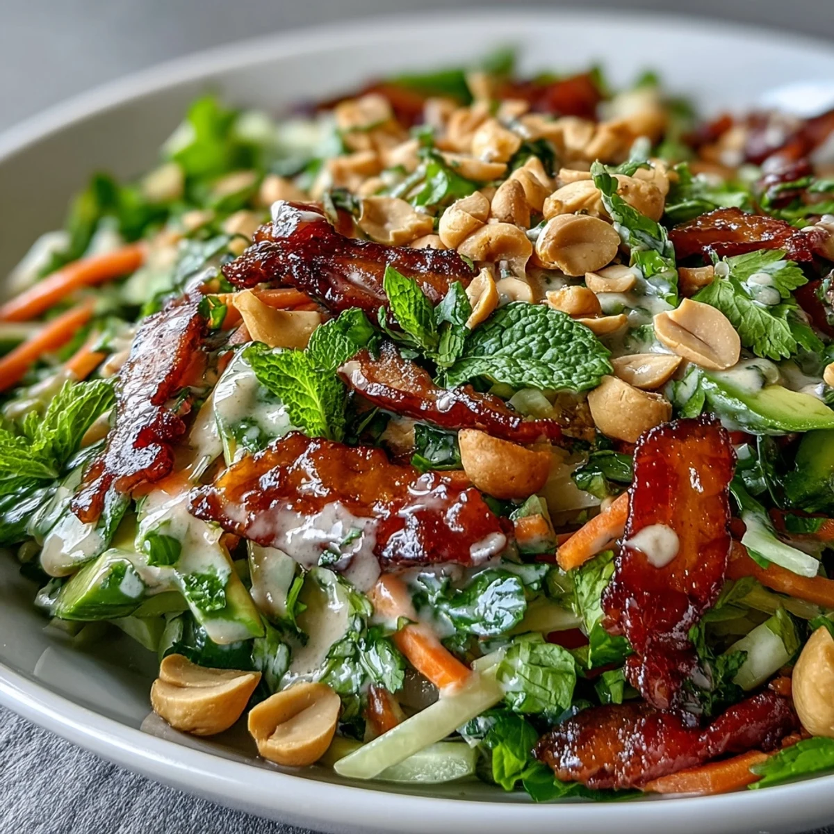 Vibrant Vietnamese-inspired salad with creamy peanut dressing, crunchy vegetables, and fresh herbs.  
