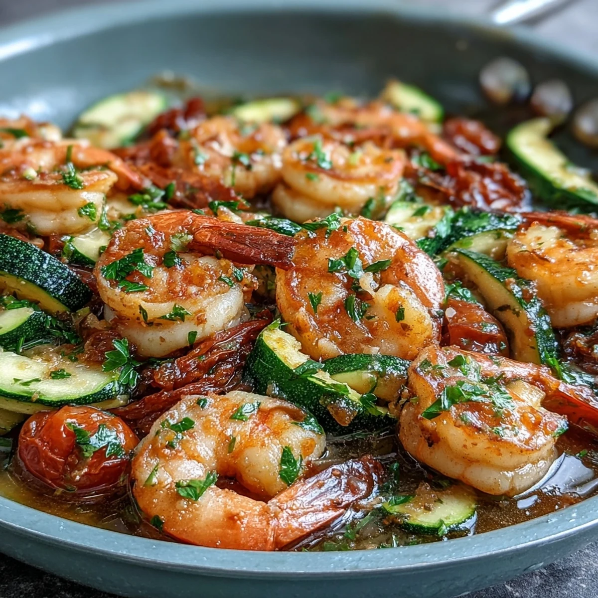 Easy one-pan lemon butter shrimp recipe with fresh zucchini and tomatoes, garnished with parsley for a bright, satisfying dish.