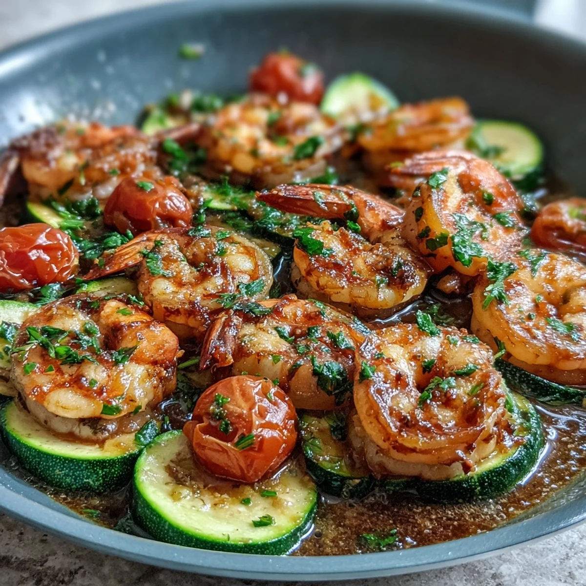 Succulent shrimp and tender zucchini tossed in zesty lemon butter sauce, baked with cherry tomatoes for a flavorful meal.  