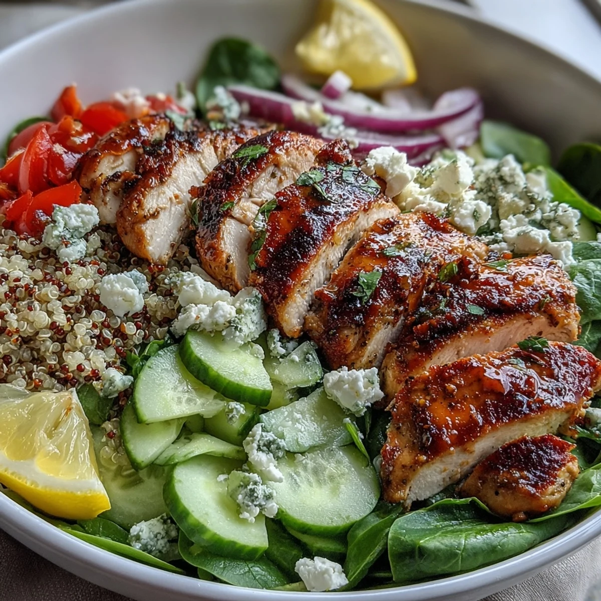 A colorful lemon herb grilled chicken salad with quinoa, cherry tomatoes, and feta for a fresh and healthy meal.