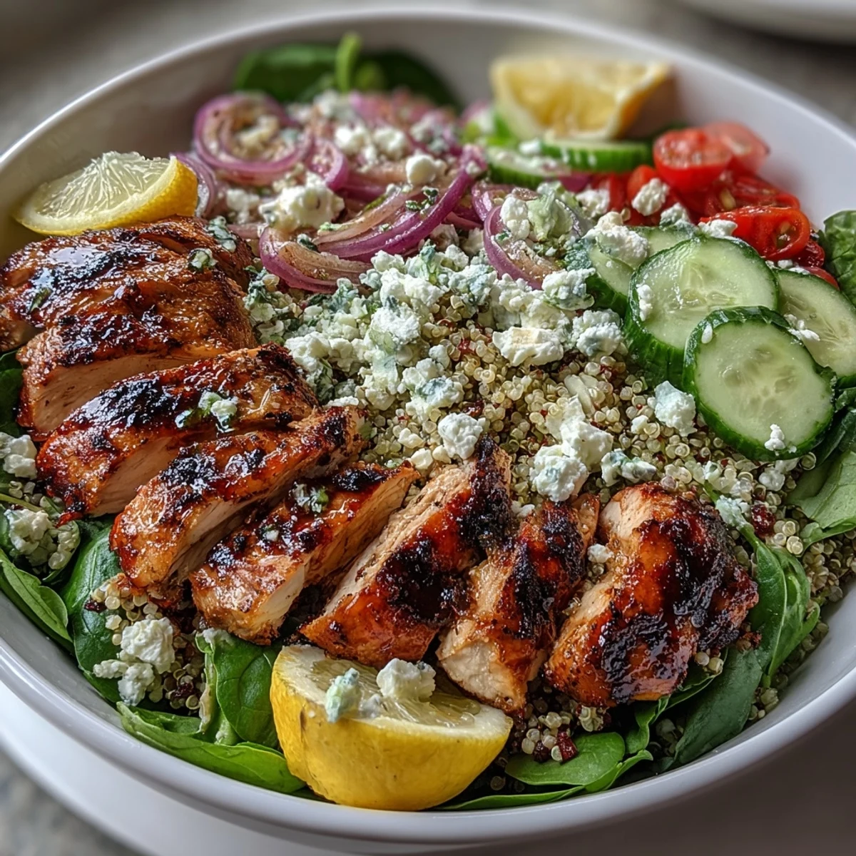 Juicy lemon-herb marinated chicken breast served over quinoa and crisp vegetables, drizzled with a light lemon Dijon dressing.