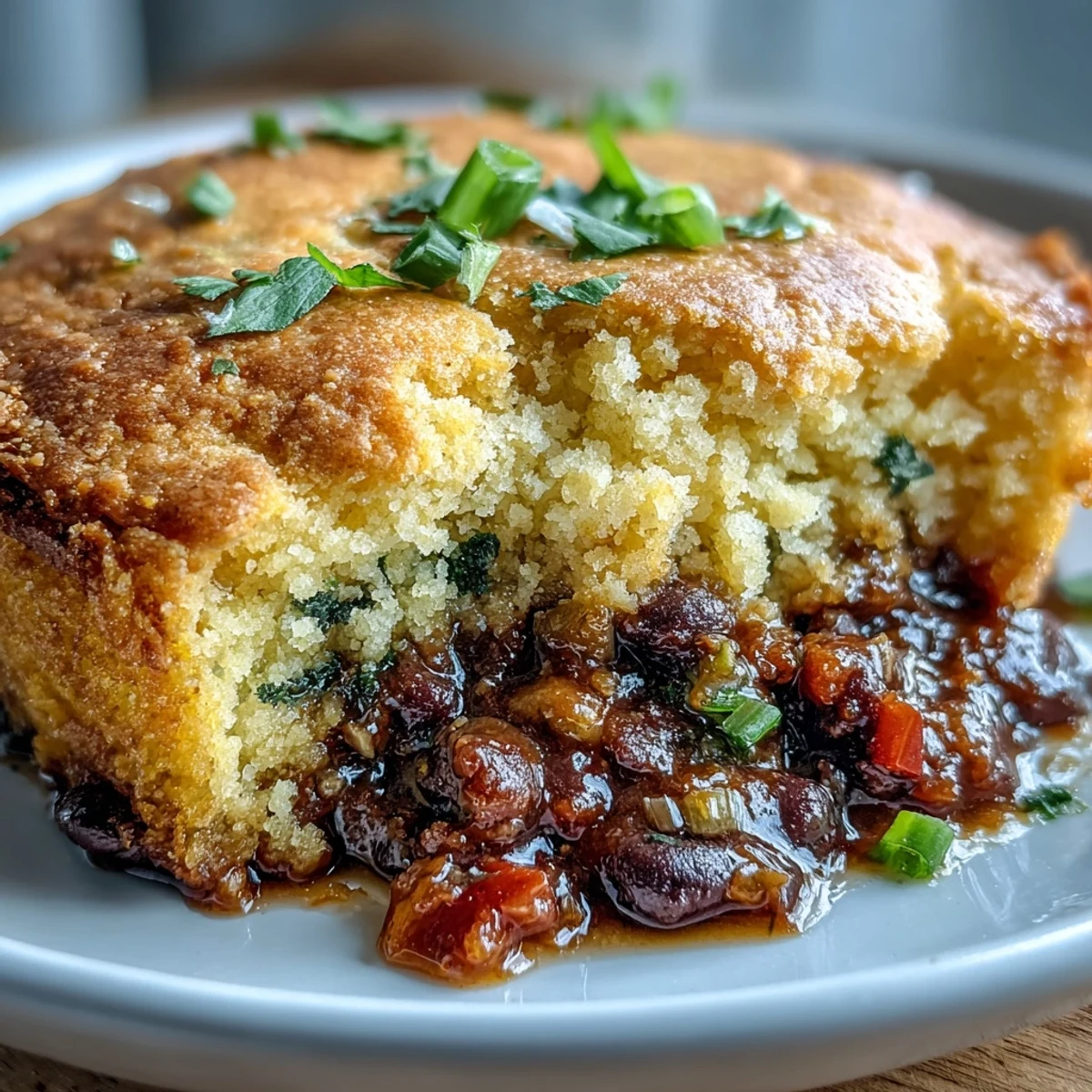 Comforting plant-based casserole featuring spiced black bean filling beneath fluffy cornbread crust.