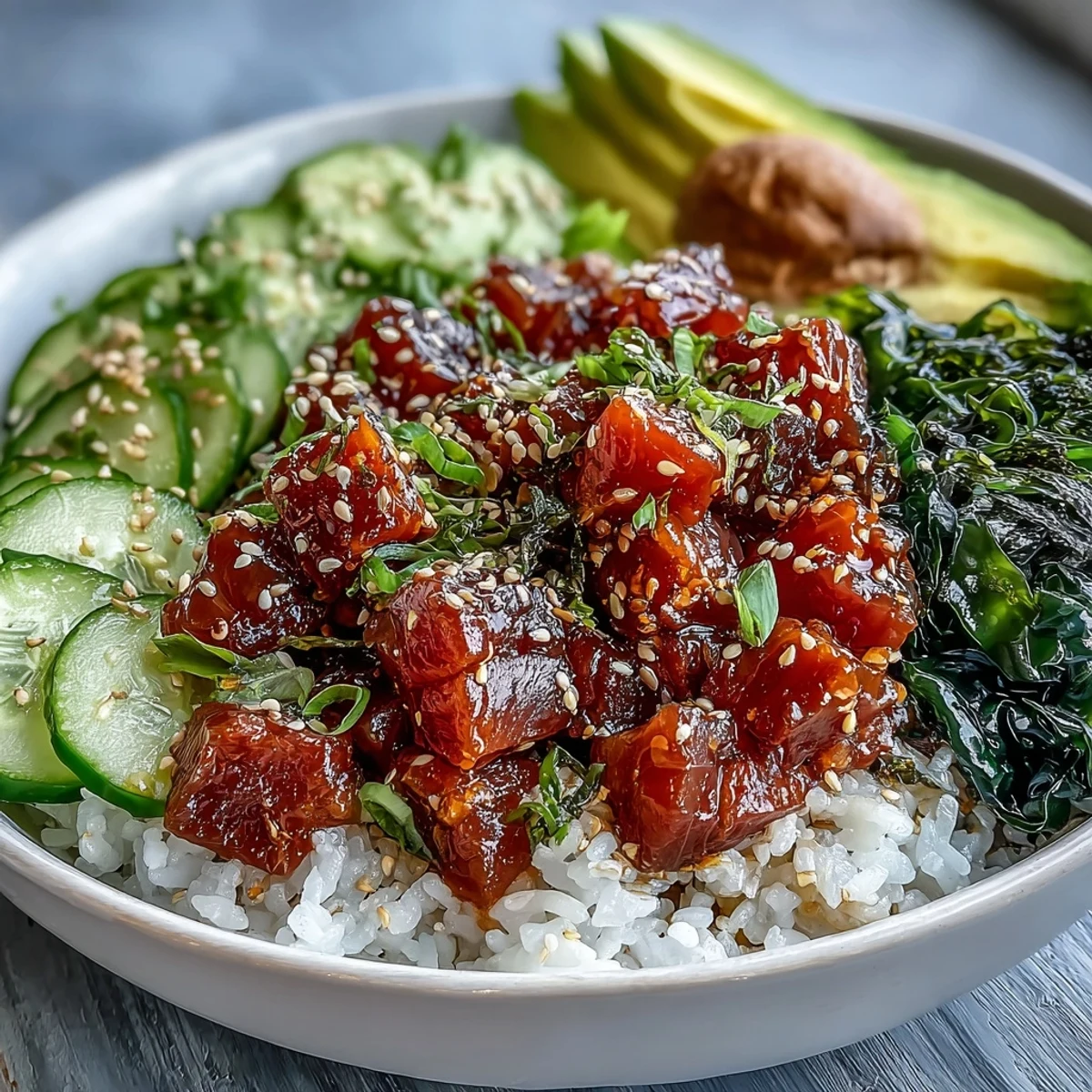 Colorful spicy tuna poke bowl with zesty Sriracha-marinated tuna, sliced avocado, and pickled ginger, perfect for a light meal.