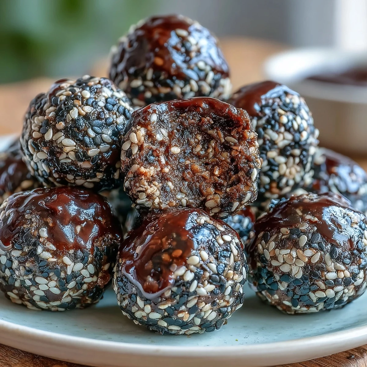 Bite-sized black sesame energy balls rolled in toasted seeds, offering a crunchy, nutty flavor in every bite.