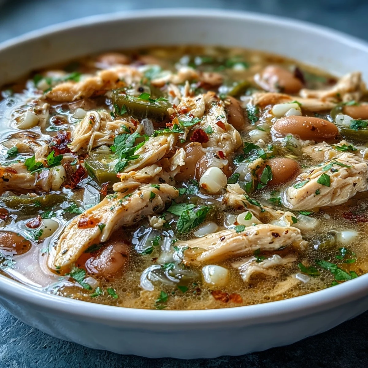 Creamy white bean chicken chili with tender shredded chicken and vibrant spices, served in a rustic ceramic bowl for hearty comfort.  