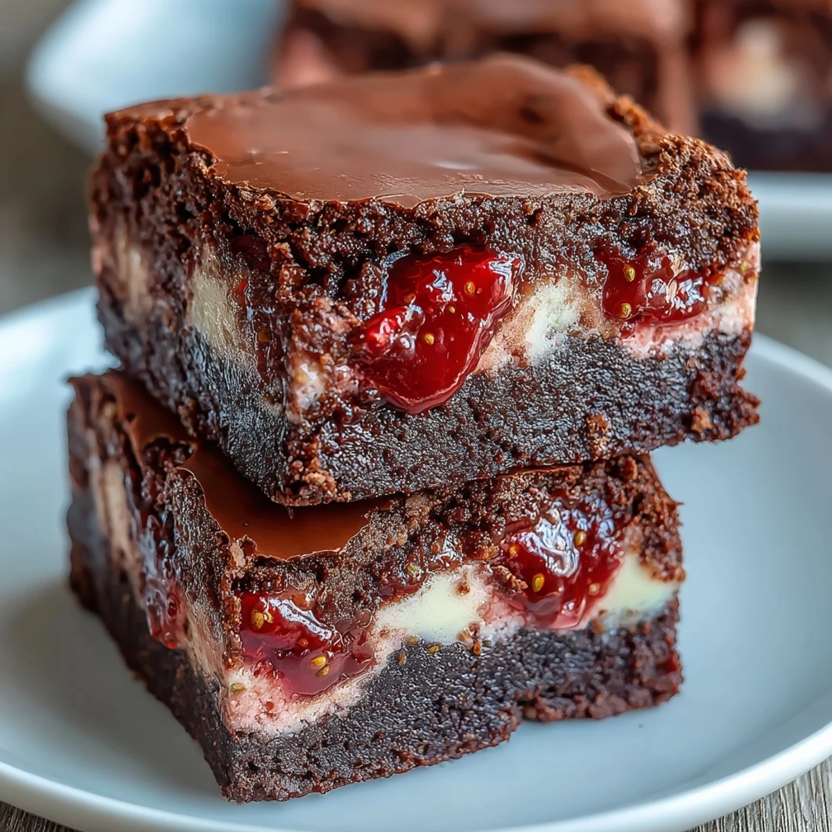 Decadent chocolate brownies swirled with creamy strawberry cheesecake, perfect for Valentine's Day celebrations.  