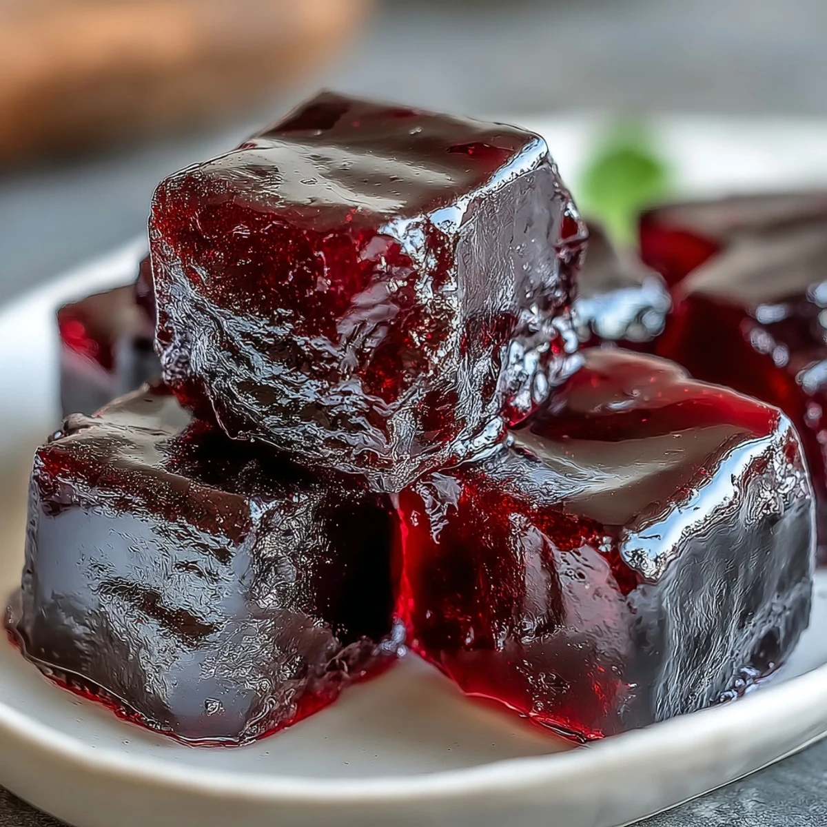 Close-up of homemade black currant and licorice chewy candy squares, highlighting their glossy, elastic texture and rich berry aroma.  