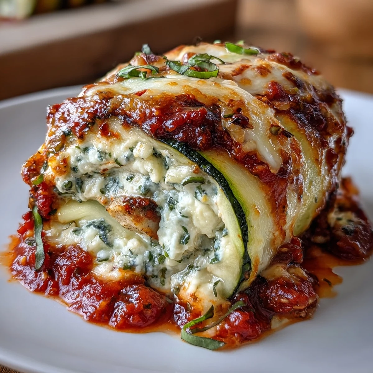Keto Zucchini Lasagna Roll-Ups with Ricotta and Marinara: Tender zucchini slices rolled with creamy ricotta, herbs, and baked in rich marinara sauce.