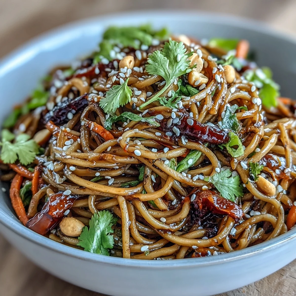 Colorful Asian sesame noodle salad tossed with crunchy cabbage, carrots, and bell peppers, drizzled with savory-sweet peanut dressing.  