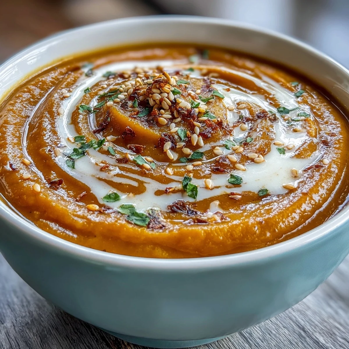 Creamy Miso Butternut Squash Soup with roasted vegetables and savory miso paste, garnished with coconut cream and sesame seeds.