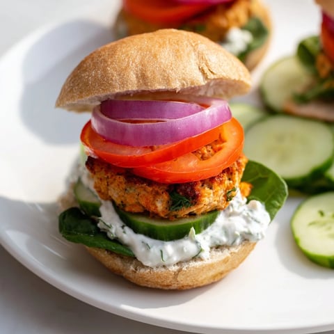 Golden-brown Healthy Baked Chicken Sliders on whole wheat buns, filled with fresh vegetables and creamy yogurt sauce.