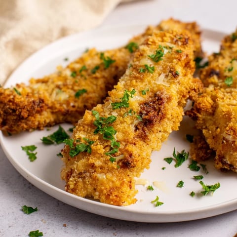 Golden brown Garlic Parmesan Chicken Tenders, served hot, ready for dipping and enjoying.
