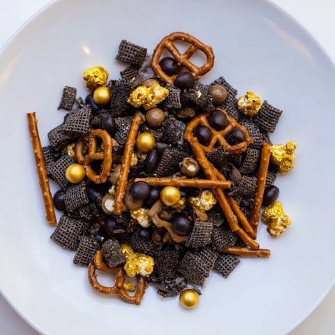 Golden candy and dark chocolate star in this festive Gold and Black Midnight Snack Mix.