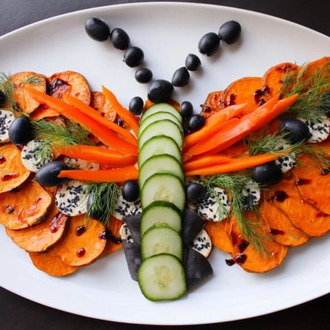 Vibrant Monarch Butterfly Wings appetizer platter with roasted sweet potato and black olive accents.