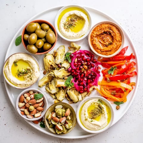Vibrant Moroccan Tile Mosaic appetizer displays colorful bowls full of dips, veggies, and olives ready to share.