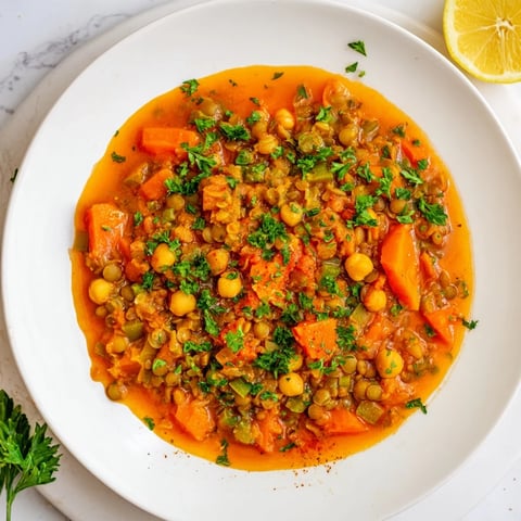 Middle Eastern lentil and chickpea stew, steaming in a bowl, garnished with fresh parsley and lemon wedges.