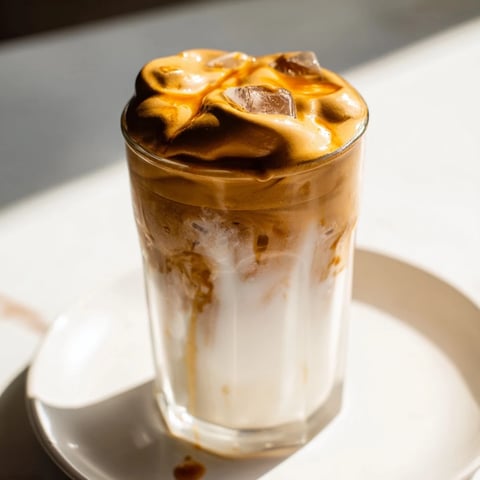 Fluffy brown sugar Dalgona latte, beautifully layered with whipped coffee atop cold milk and ice.