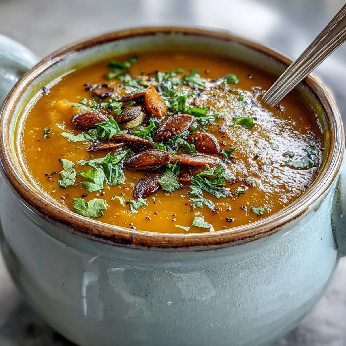 Roasted Broccoli and Butternut Squash Soup garnished with pumpkin seeds and parsley, steaming in a rustic bowl.