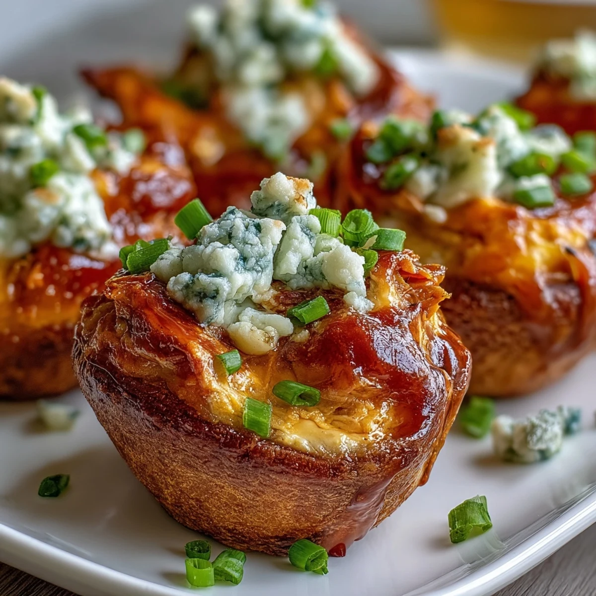 Golden-brown baked Buffalo Wing Poppers with melted blue cheese and buffalo sauce drizzle on a platter.