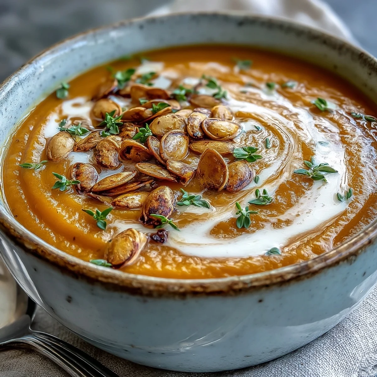 Deep orange roasted butternut squash soup in a rustic bowl with a thyme garnish.