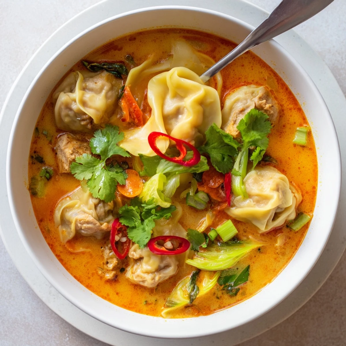 A bowl of steaming Red Curry Wonton Soup With Greens, garnished with fresh cilantro and lime wedges.