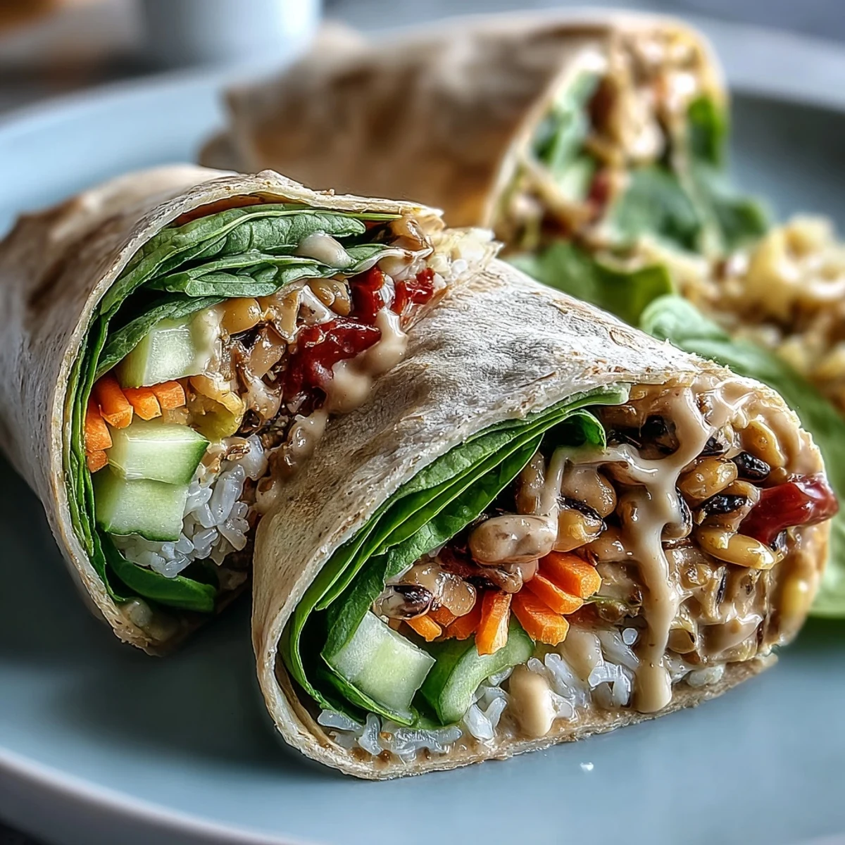 Black-Eyed Pea Wraps filled with brown rice, spinach, and crisp veggies, drizzled with creamy tahini sauce.