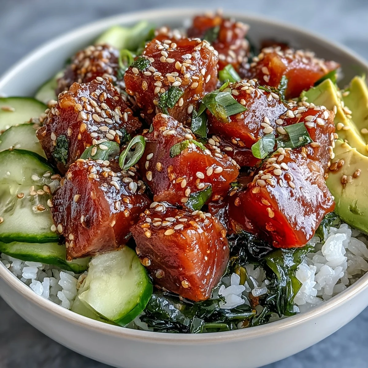 Spicy tuna poke bowl with marinated sushi-grade tuna, creamy avocado, and crisp cucumber over seasoned rice.  