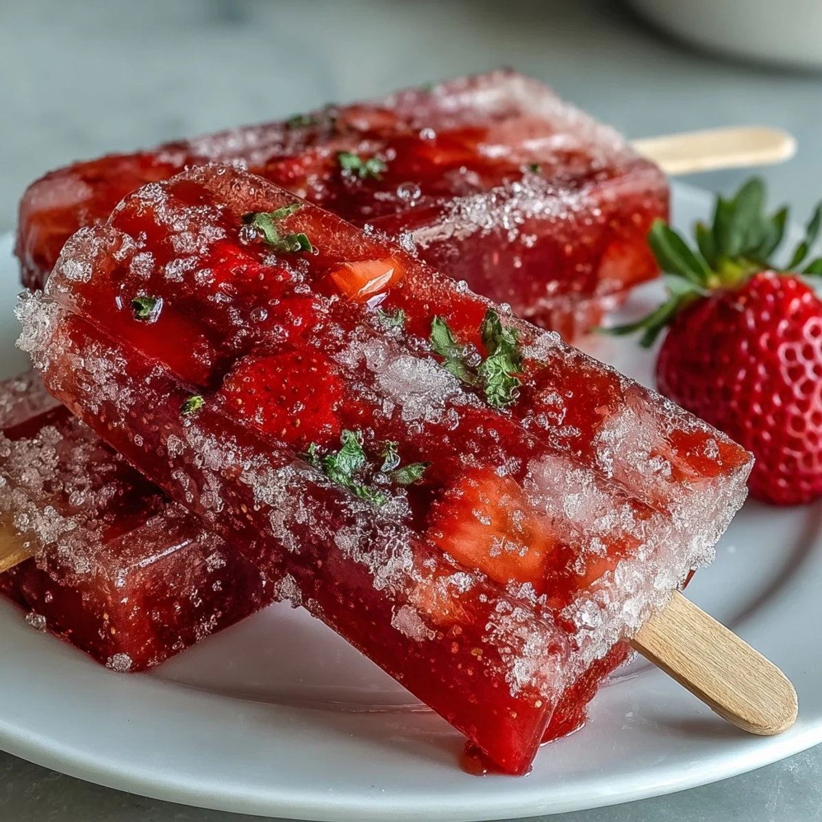 Galentines Strawberry Mimosa Popsicles in popsicle molds with fresh strawberry slices and sparkling wine bubbles.